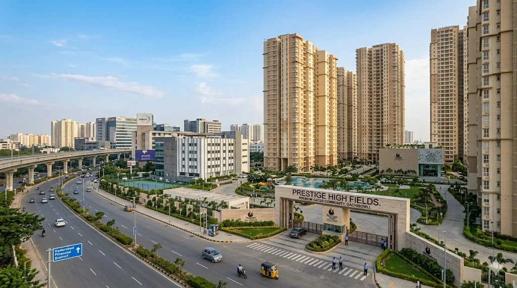 Exterior view of premium luxury apartments by Prestige Group located in the bustling IT corridor of Gachibowli, Hyderabad.